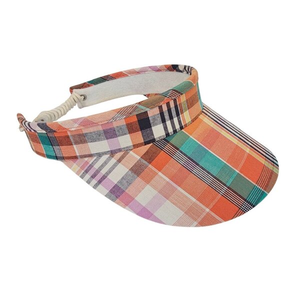 Ladies Athleisure Golf Sun Hat Visor Tennis Poolside Beachy Orange Blue Plaid - Picture 4 of 11